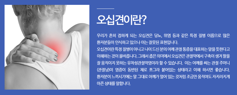 오십견이란? 우리가 흔히 접하게 되는 오십견은 당뇨, 위염 등과 같은 특정 질병 이름으로 많은 환자분들이 인식하고 있으나 이는 잘못된 표현입니다. 오십견이란 특정 질병이 아니고 나이 드신 분의 어깨 관절 통증을 대표하는 말을 뜻한다고 이해하는 것이 올바릅니다. 그래서 좁은 의미에서 오십견은 관절막에서 구축이 생겨 팔을 잘 움직이지 못하는 유착성관절막염이라 할 수 있습니다. 이는 어깨를 싸는 관절 주머니(관절낭)이 염증이 동반된 채로 쪼그라 붙어있는 상태라고 이해 하시면 좋습니다. 환자분이 느끼시기에는 말 그대로 어깨가 얼어 있는 것처럼 조금만 움직여도 자지러지게 아픈 상태를 말합니다.