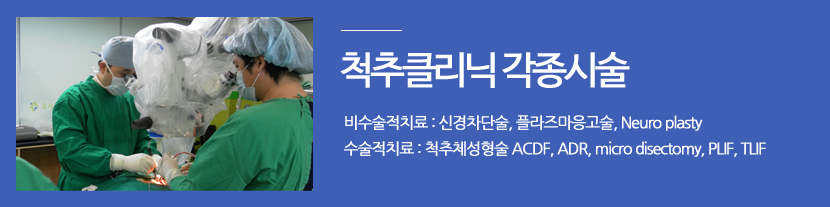 척추클리닉 각종시술 비수술적치료 : 신경차단술, 플라즈마응고술, Neuro plasty
수술적치료 : 척추체성형술 ACDF, ADR, micro disectomy, PLIF, TLIF